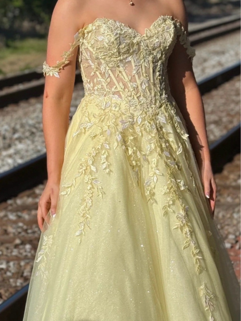 ellie wilde Pale Yellow Off-Shoulder Floral Appliqué Ball Gown